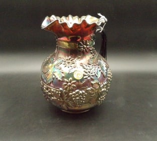 FLORAL GRAPE PLUM CARNIVAL GLASS HOBSTAR 5 PC SET FENTON -  Vintage Carnival Glass Water Pitcher &