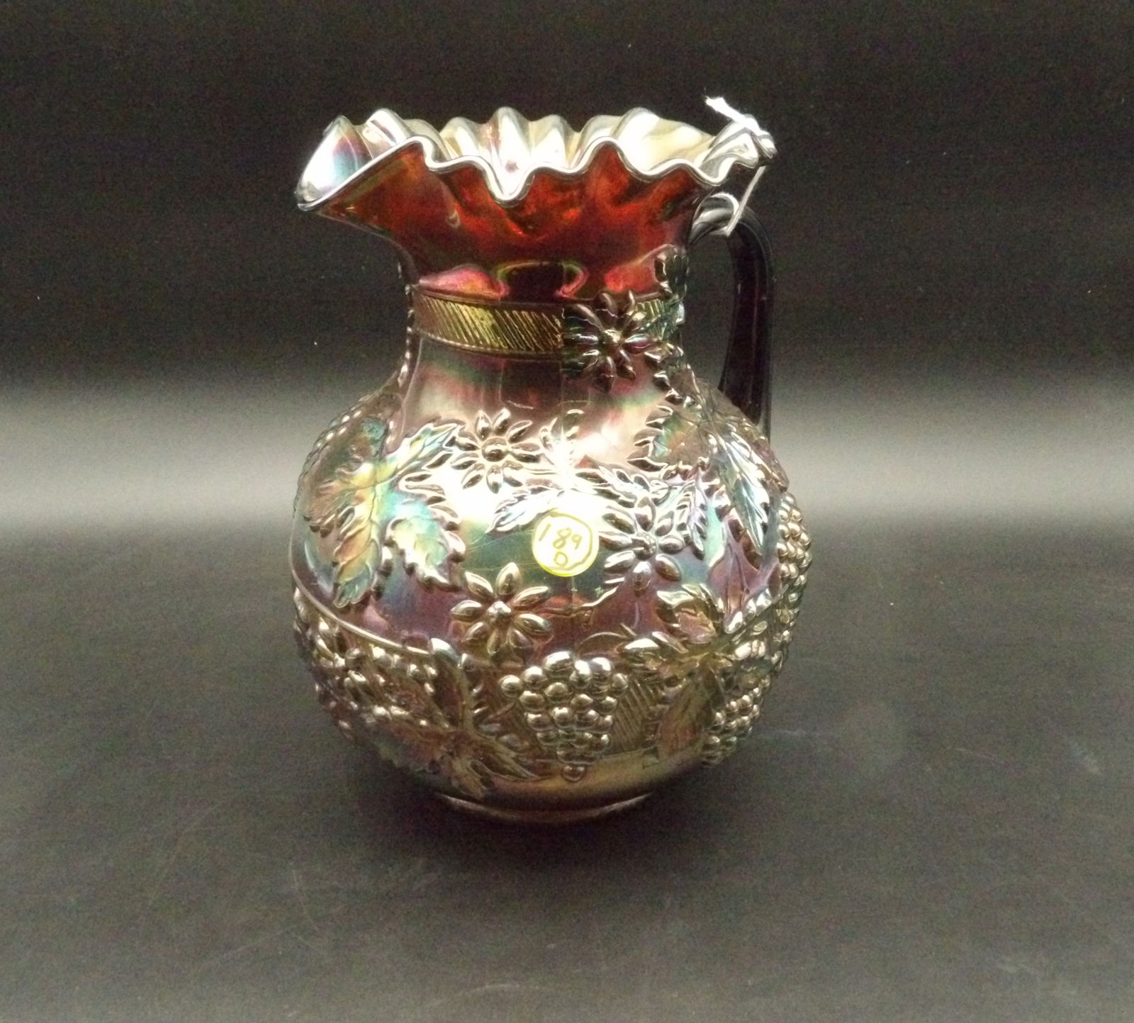 FLORAL GRAPE PLUM CARNIVAL GLASS HOBSTAR 5 PC SET FENTON -  Vintage Carnival Glass Water Pitcher & (1 of 4)