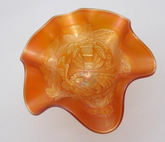 HOLLY RUFFLED CANDY DISH FENTON – Vintage Marigold Carnival Glass Compote, Peacock & Floral