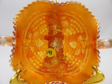 GRAPE & CABLE BONBON DISH NORTHWOOD -  Vintage Carnival Glass Handled Bowl, Grape & Leaf Design