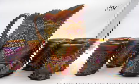 GRAPE & CABLE PITCHER W/ 6 TUMBLERS NORTHWOOD – Vintage Northwood Carnival Glass Set, Grape &