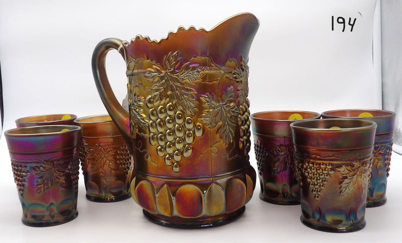 GRAPE & CABLE PITCHER W/ 6 TUMBLERS NORTHWOOD – Vintage Northwood Carnival Glass Set, Grape & (1 of 3)