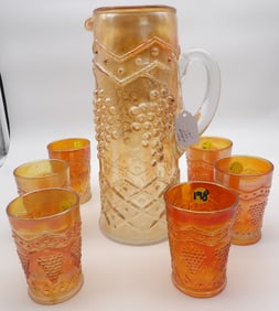 LATTICE & GRAPE MARIGOLD PITCHER W/ TUMBLERS 7 PC SET