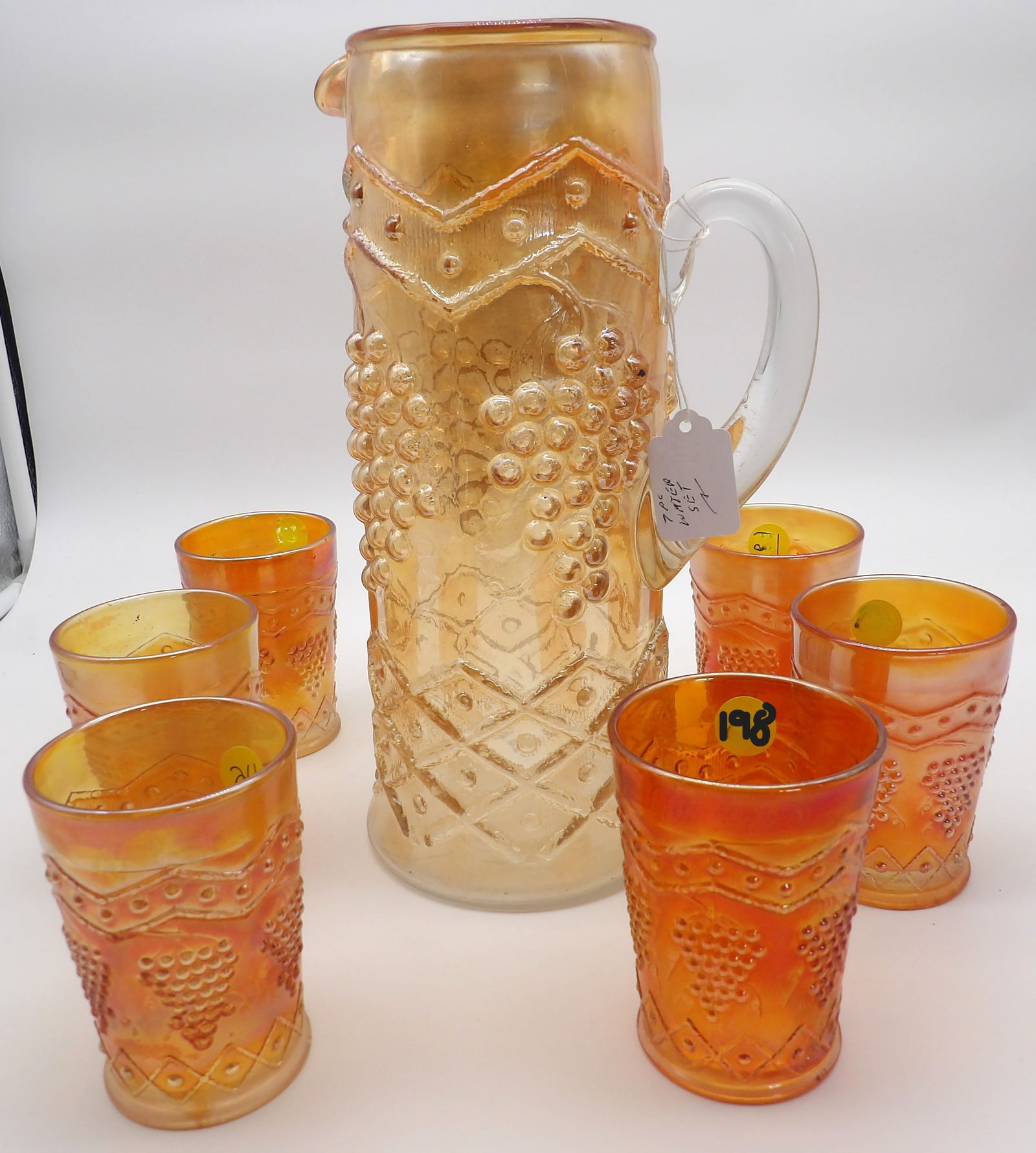 LATTICE & GRAPE MARIGOLD PITCHER W/ TUMBLERS 7 PC SET (1 of 2)