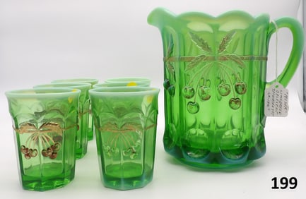 MOSSER CHERRY CABLE GREEN PITCHER W/ TUMBLERS 7 PC SET