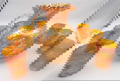 8PC SET DUGAN DIAMOND MARIGOLD FLORAL & GRAPE PITCHER W/ CUPS