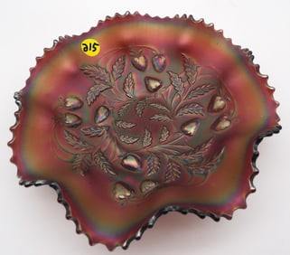 STRAWBERRY & LEAF AMETHYST BASKETWEAVE RUFFLED GLASS BOWL BY NORTHWOOD