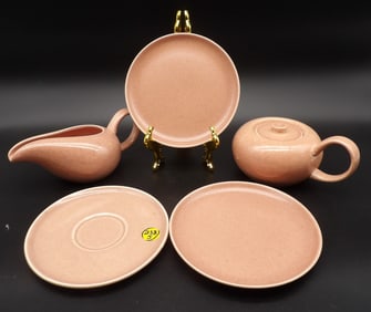 RUSSEL WRIGHT AMERICAN MODERN CORAL PINK PLATES (2), SAUCER, CREAMER, AND SUGAR BOWL