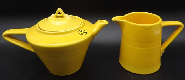 HOMER LAUGHLIN YELLOW GLAZE HARLEQUIN TEAPOT & PITCHER