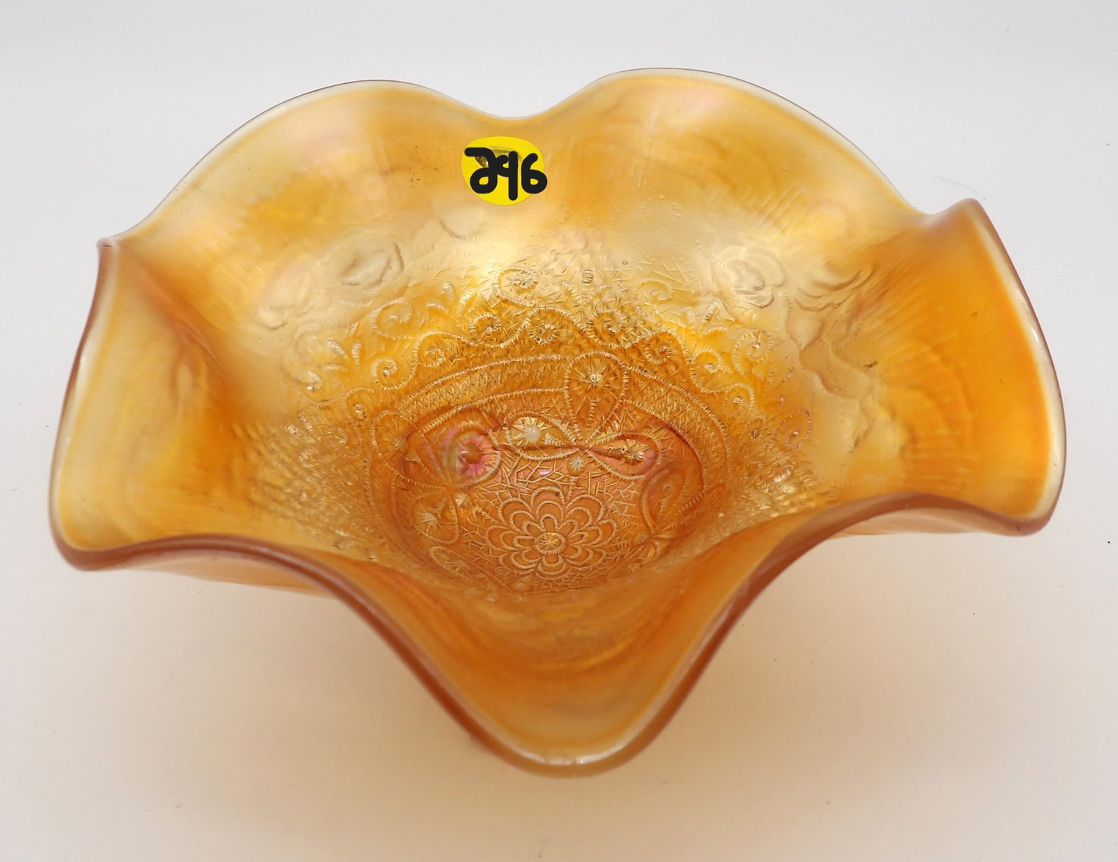 MARIGOLD PERSIAN MEDALLION THREE-FOOTED BOWL: This gorgeous marigold three-footed bowl by Fenton comes in the Persian Medallion style.