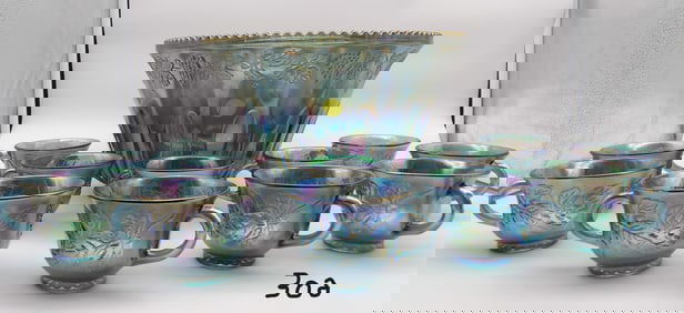 IRIDESCENT BLUE CARNIVAL GLASS PRINCESS PUNCH SET W/ 7 QT BOWL, 12 CUPS, HOOKS, LADLE – IN BOX