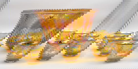 IRIDESCENT GOLD CARNIVAL GLASS PRINCES PUNCH SET