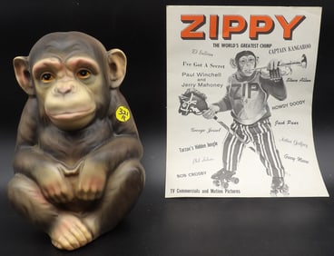 ZIPPY THE MONKEY PAMPHLET AD “WORLDS GREATEST CHIMP” & VINTAGE CERAMIC MONKEY COIN BANK