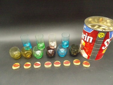 VINTAGE COLORED SHOT GLASSES (10) VINTAGE ORTLIEB’S BOTTLE CAPS