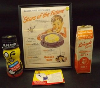 FRAMED QUAKER OATS ADVERTISEMENT, RICHARDS DAIRY MILK CARTON, MR. PEANUT CONTAINER, CAMFIELD