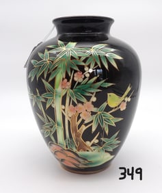 JAPANESE KOKUSUI BAMBOO & BIRD BULBOUS VASE