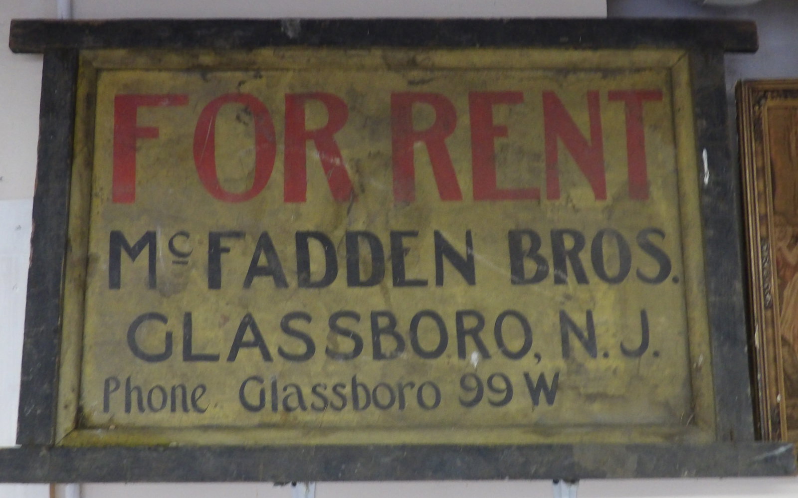 For Rent - Wooden Sign: This vintage wooden sign advertises a space for rent from McFadden Brothers in Glassboro NJ.Measures:24" x 40"