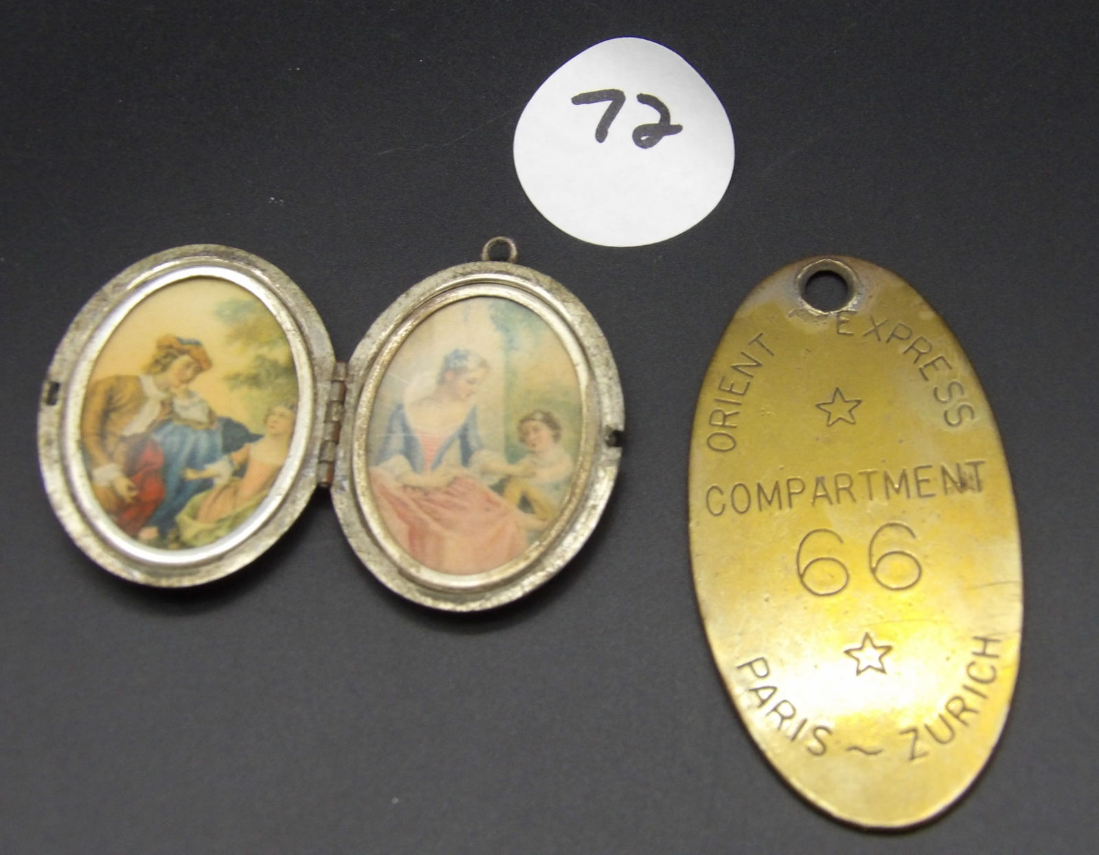 Orient Express Brass Luggage Tag / Key Chain & Courting Couple Locket (1 of 4)
