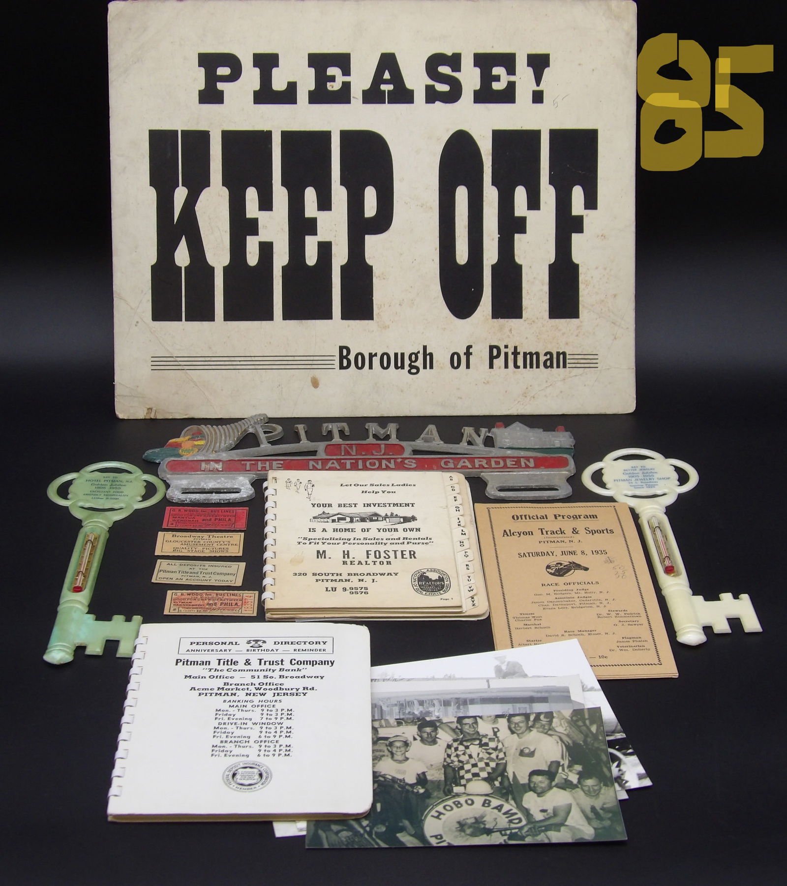 Pitman NJ Photos, Ephemera, Business Items, Badges, Postcards, etc: This large lot of historical Pitman NJ items includes ephemera, memoribilia, and photos (both vintage and reprinted) of town landmarks, historical areas, and other great items.Measures:16" x 13"