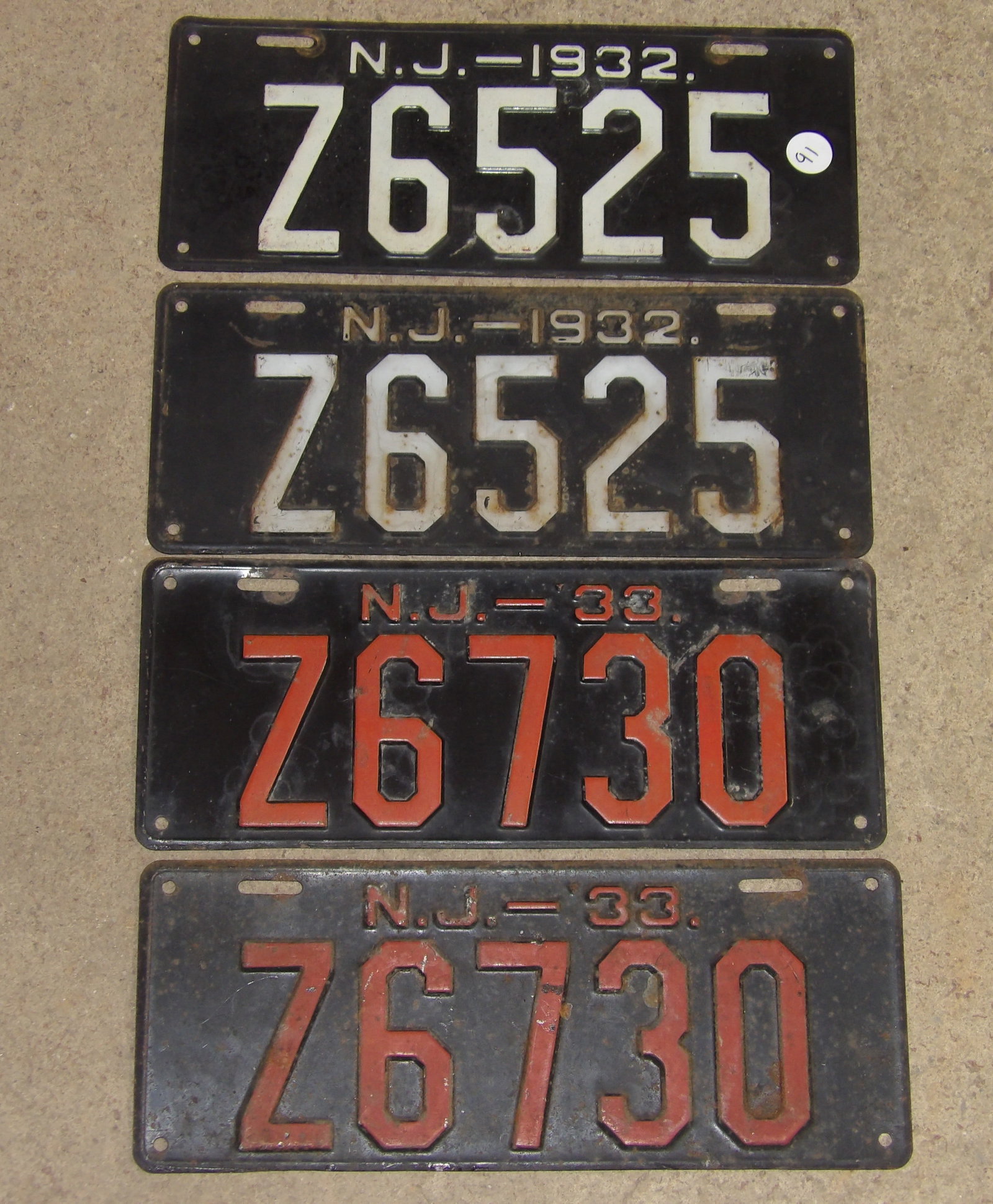 Vintage 1930's NJ License Plates (4): These lot of 4 NJ license plates are dated from the 1930's.Measures:15" x 6.5"
