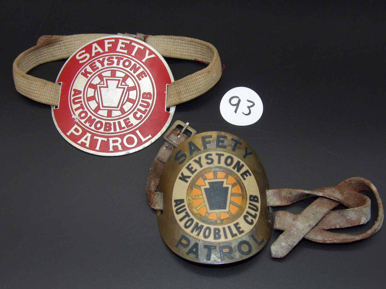 Keystone Automobile Club Safety Patrol Badges: This pair of Keystone Automobile Club Safety Patrol arm-badges are vintage 1950's.Measures:3" x 3"