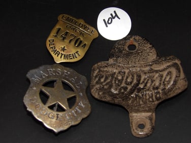 Cast Iron Coca-Cola Bottle Opener, Dodge City Marshall Badge, Park Department Badge