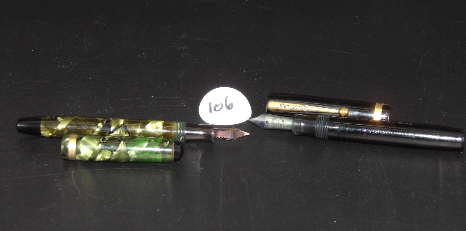 Vintage Fountain Pens (2) - Scheaffer's , Parker Challenger: This pair of lovely vintage fountain pens includes a Scheaffer's Lifetime, and also a Parker Challenger.Measures:4.5"