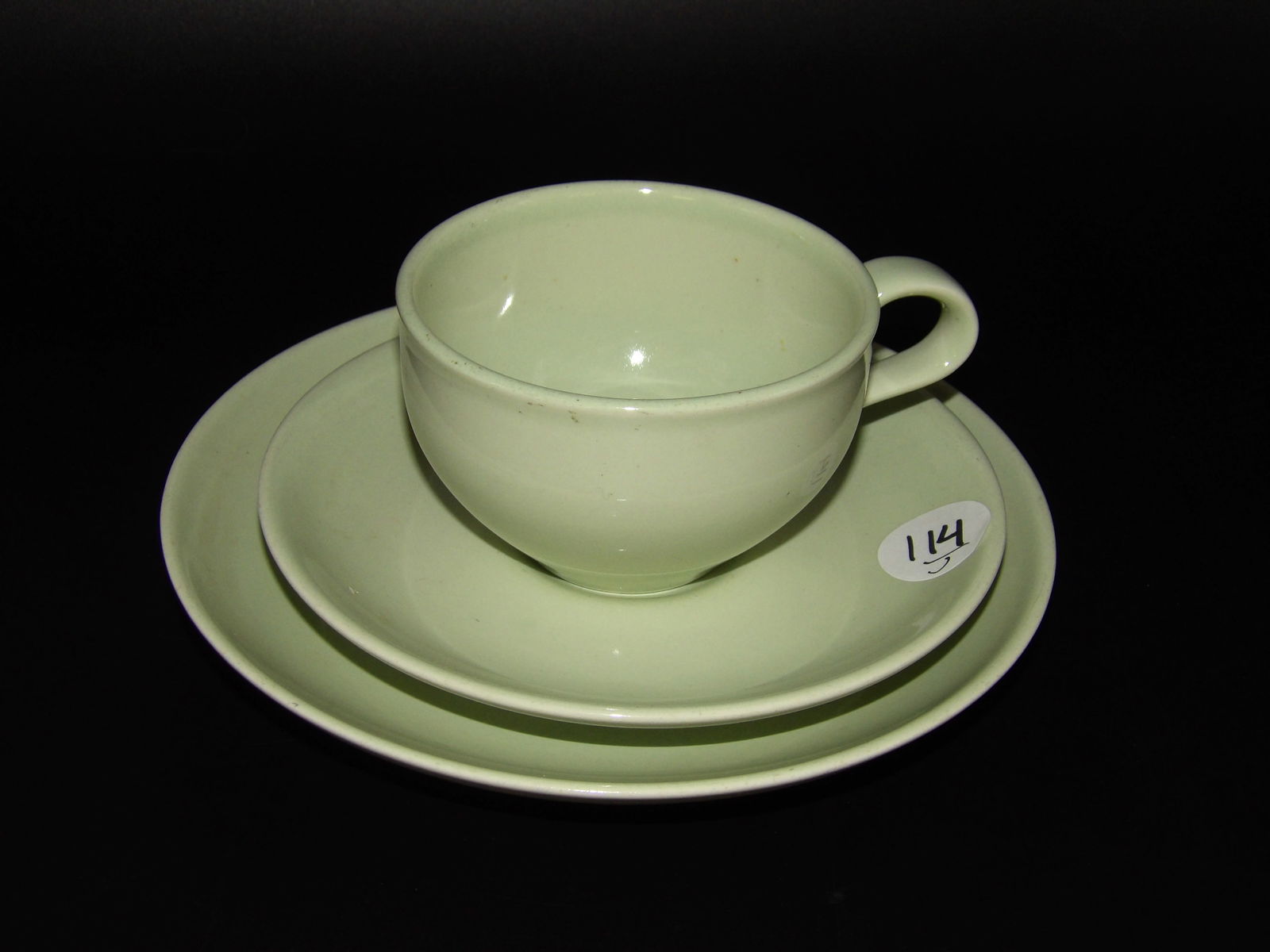 Russel Wright Iroquois Casual Tea Cup, Saucer, Plate: This 3 piece Russel Wright Iroquois Casual lot includes a tea cup, saucer, and plate in Mint Green.Measures:7", 6"