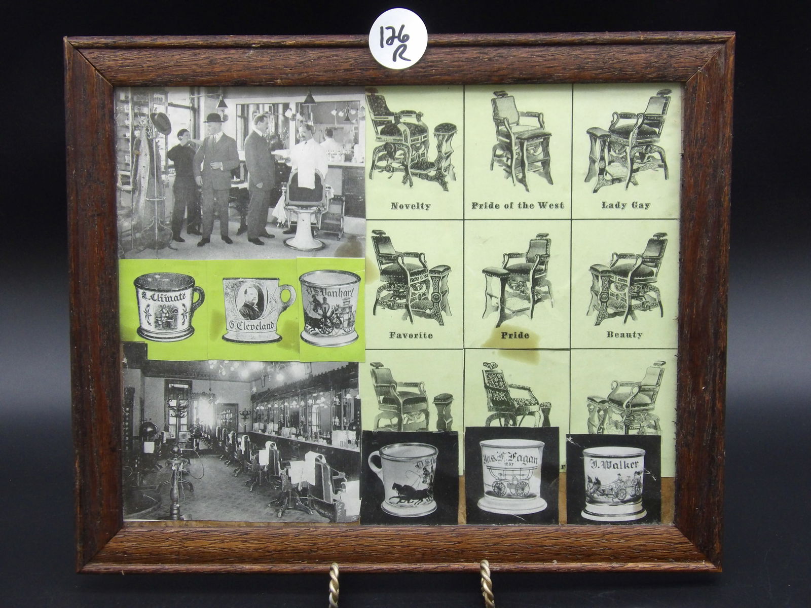 Framed New Hope Train Station Art Print & Framed Barber Ads: This pair of framed art includes a depiction of New Hope Train Station and a collage of vintage barber shop (shaving cups, barber chairs, etc) advertisements.Measures:12" x 9.5", 11.5" x 9.5"
