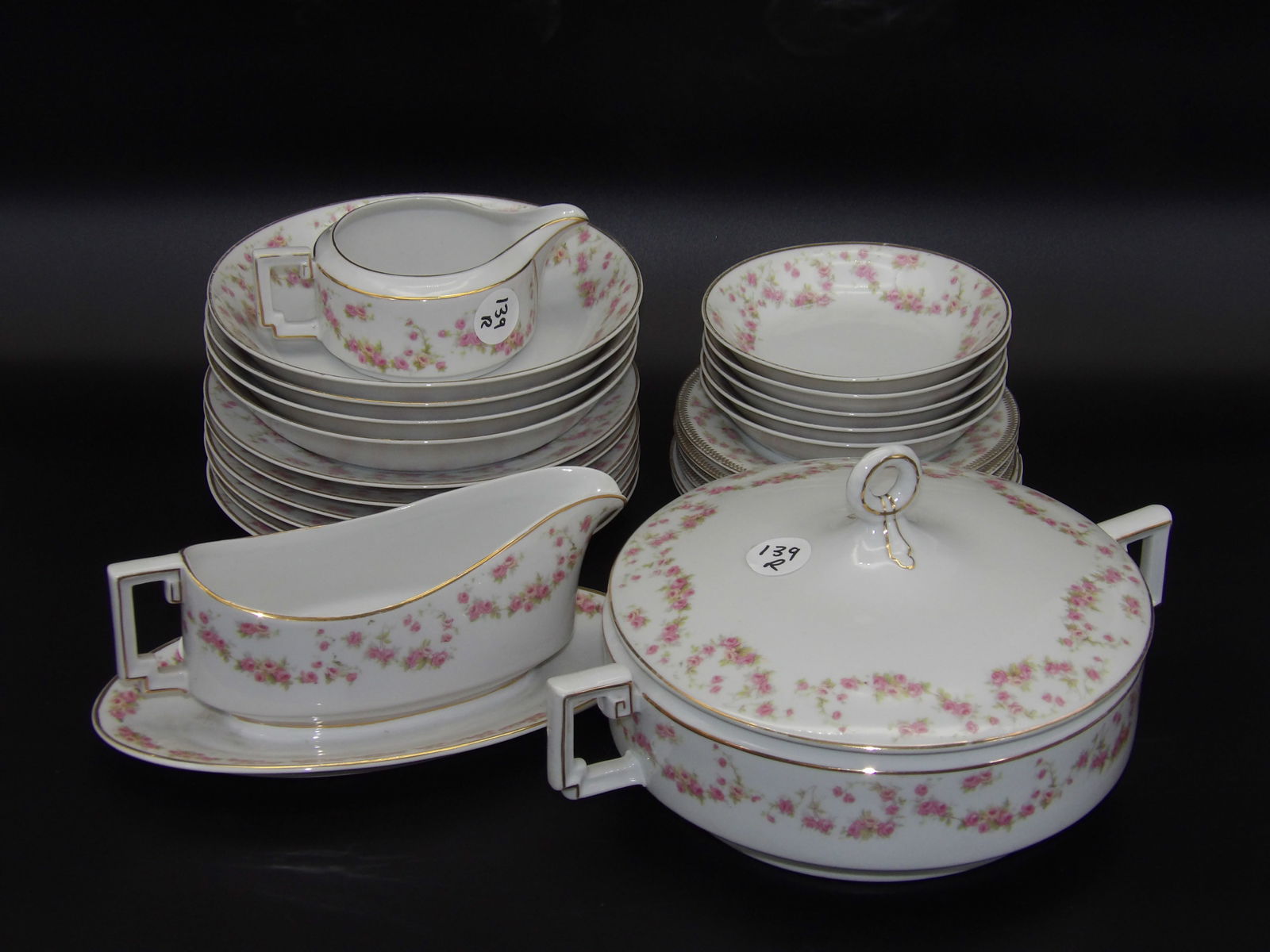 Queen AP Austrian China Set (24 pcs): This 24 piece Queen AP china set includesMeasures:5", 7.5", 4" x 8" x 5", 6" x 11" x 8"