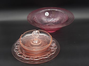 Pinkware Glass Plates, Serving Bowl, Ashtray (7 pcs)