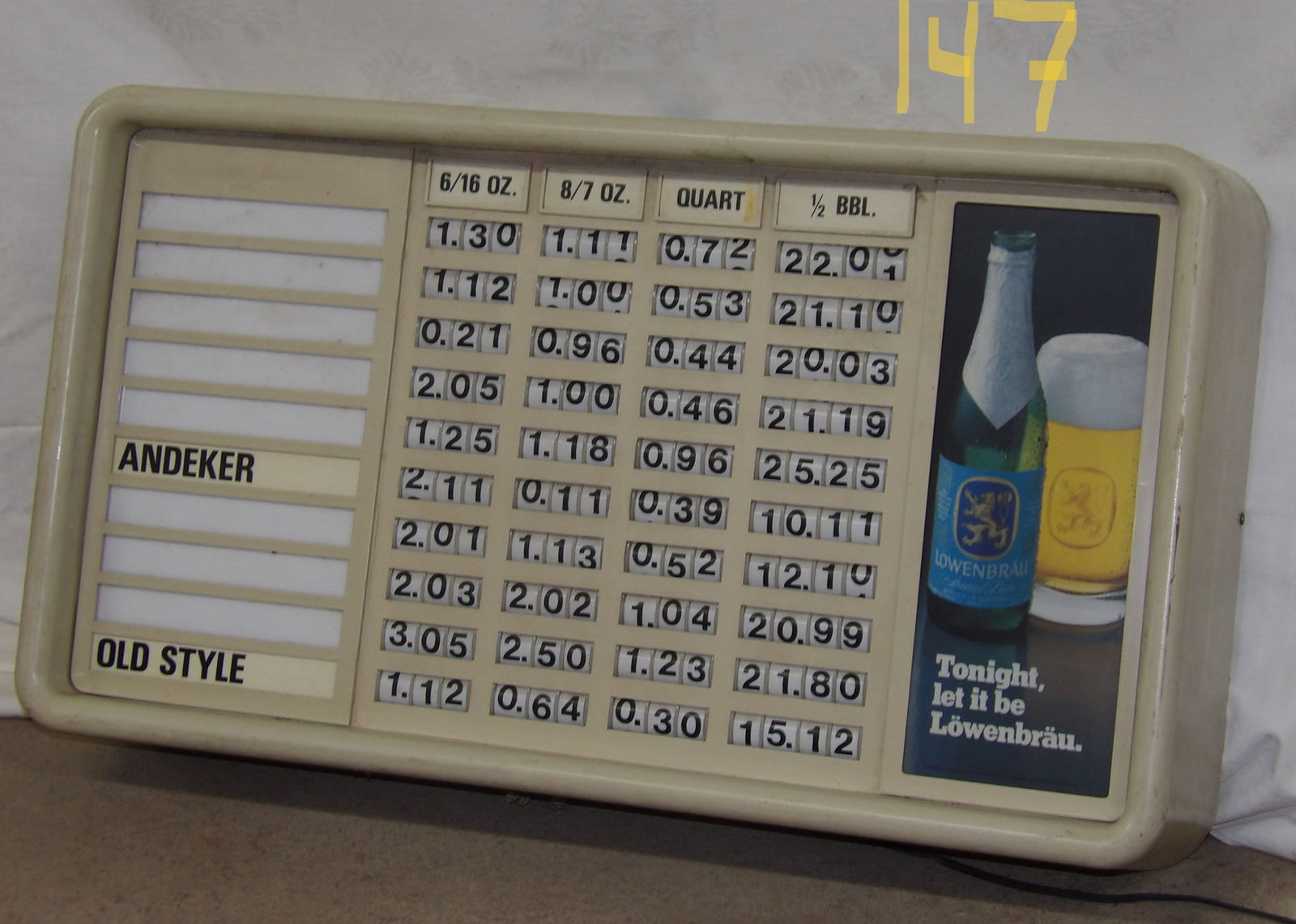 Lowenbrau Light Up Price Display Sign w/ Titles and Letters - Fully Functioning: This light up price display box sign is used to advertise drink menu and prices. It has an ad for Lowenbrau beer, but also titles for other brands in addition to spare letters. Tested/Works.Measures:1