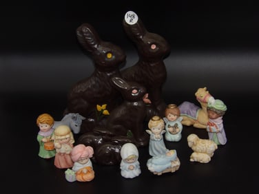 Heavenly Blessings Nativity Figurines (11) & Ceramic 'Chocolate' Rabbits (5)