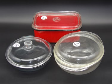Vintage Pyrex (2) and Becoware (1) Covered Cookware