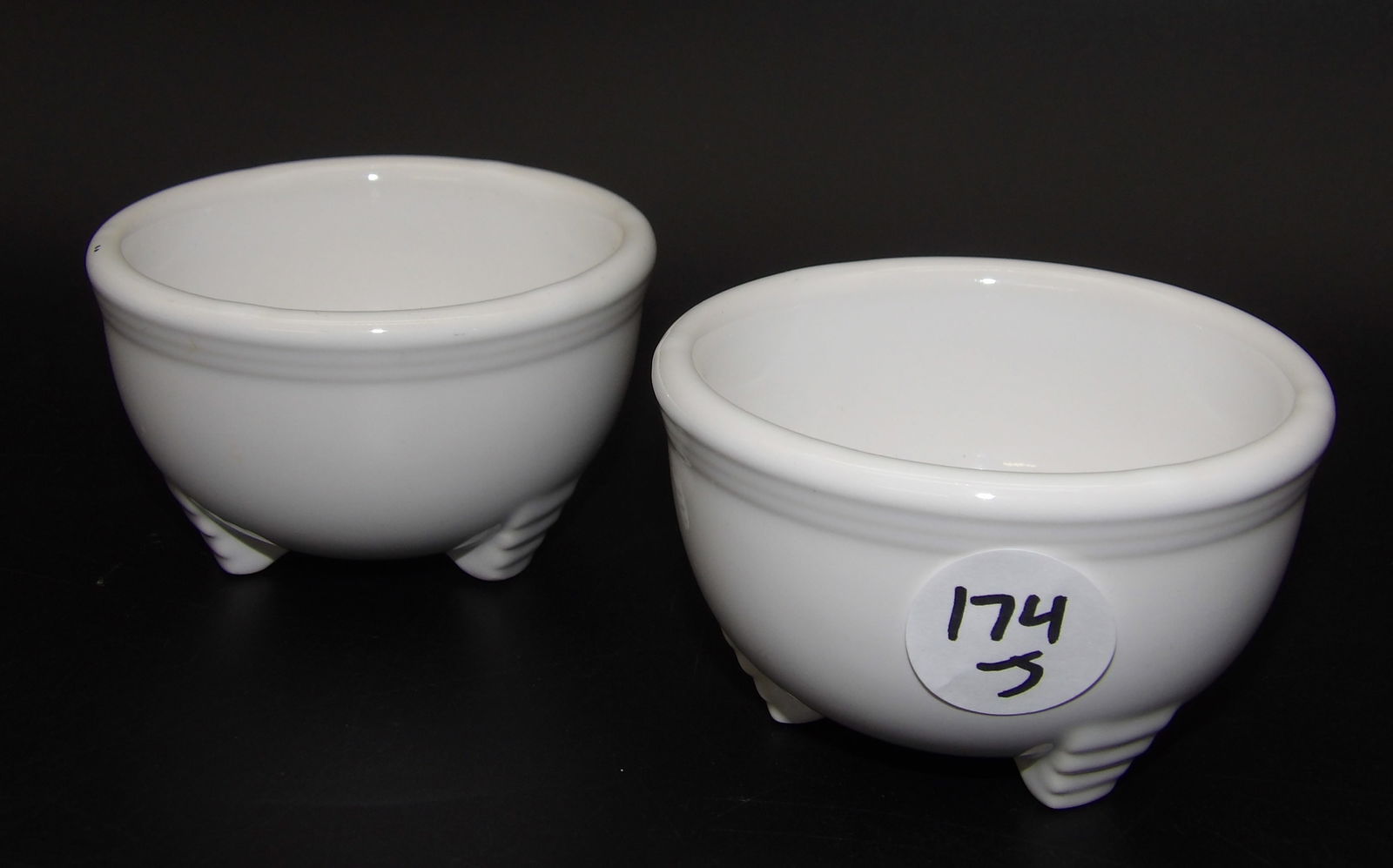Fiestaware Tripod Bowls (2): This pair of vintage Fiestaware tripod bowls comes in Pearl Gray glaze.Measures:3" x 3.5"