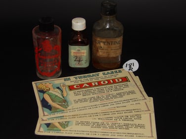 Medicine Advertisement Cards (3) and Vintage Bottles (3)