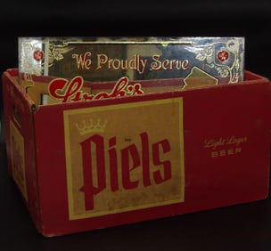 Piel's Light Lager Heavy Cardboard/Wire Crate & Stroh's "NJ Friends" Mirror