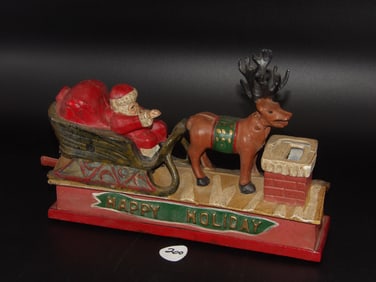 Happy Holidays Repro Santa Cast Iron Bank