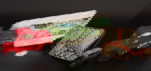 Courtland Tin Lithograph Windup Truck, Trailer, Elephant