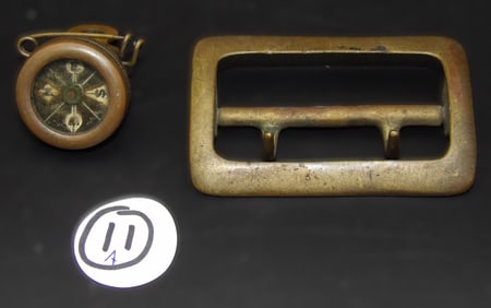 Brass Double-Pronged Military Belt Buckle & Marble Pin-On Compass