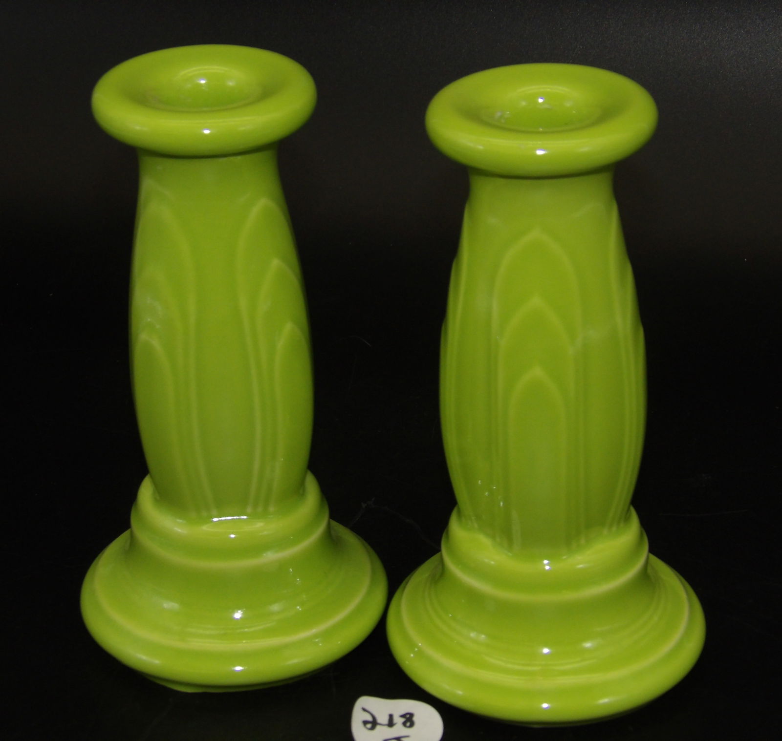 Fiesta Y2K Tapered Candle Holders (2): This pair of collectible Y2K Fiesta tapered candle holders comes in Chartreuse glaze. Measures 6" x 3.5"