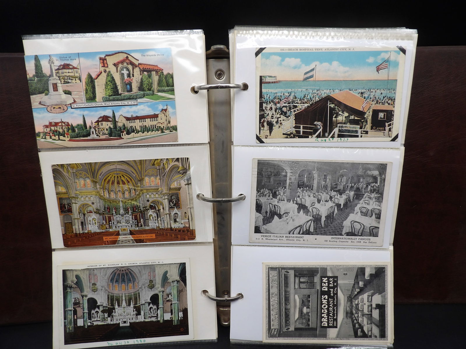 Vintage Atlantic City Postcards (Approx 100): This vintage postcard lot includes approx. 100 images of old Atlantic City - including the Inlet, docks, boats, Resturaunts, churches, street view, piers, rides, and more. Measures 11" x 11.5"