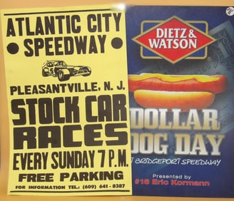 Atlantic City Speedway Poster & Bridgeport Speedway 'Dollar Dog Day' Sign