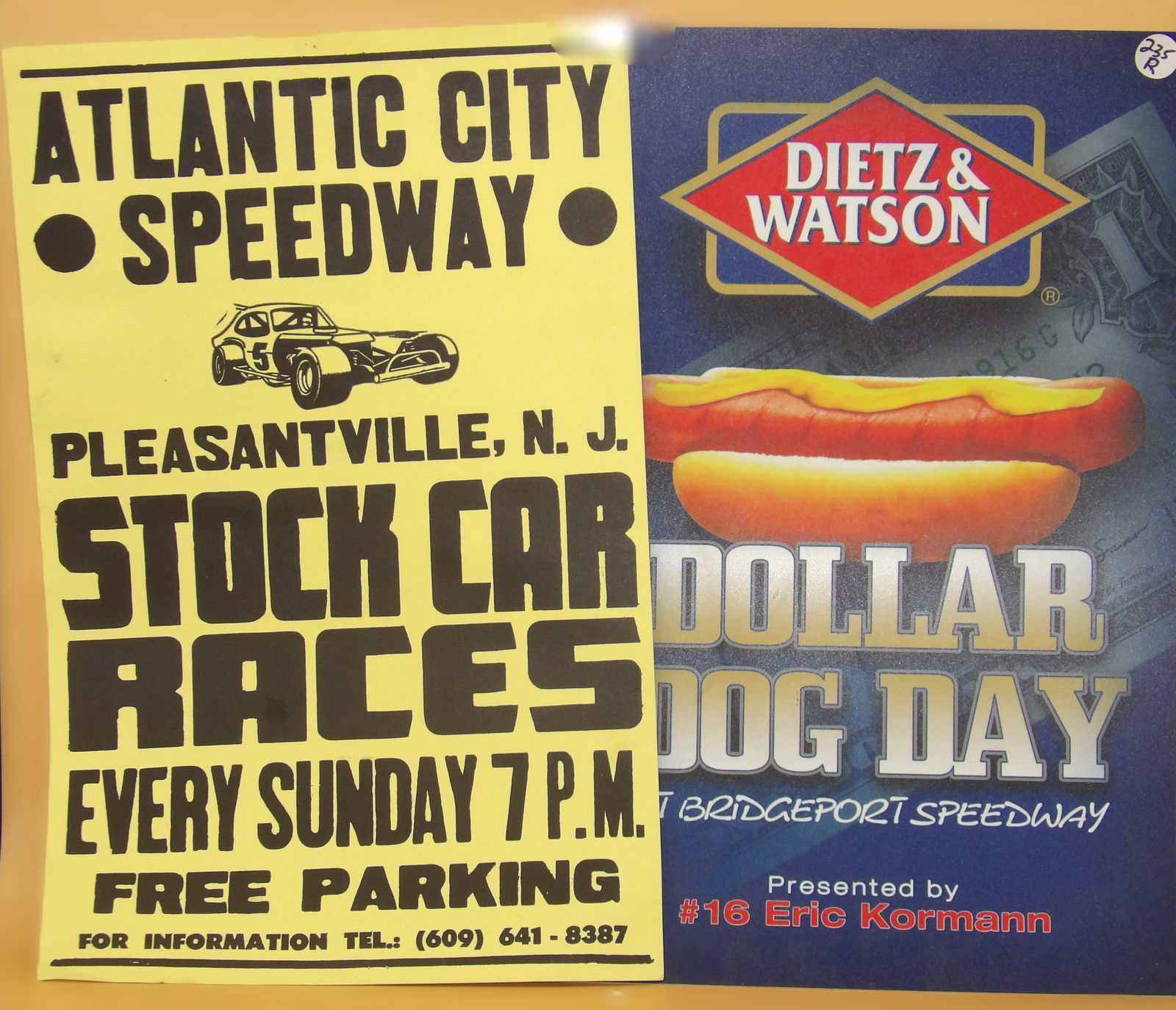 Atlantic City Speedway Poster & Bridgeport Speedway 'Dollar Dog Day' Sign: This pair of race posters includes Atlantic City Speedway Stock Car Races poster and a plastic 'Dollar Dog Day' sign from Bridgeport Speedway. Measures: 22.5" x 14"