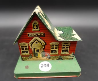 Tin Litho Schoolhouse Bank / Lollypop Holder & Kellogg's Sliced Hawiian Pineapple Labels (Approx 30)