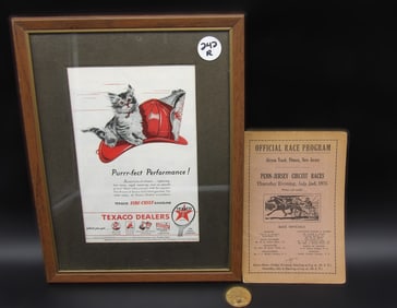 Texaco "Purrr-fect Performance" Framed Ad, Alycon Race Track Program (1936), & B. Ward Beam's World