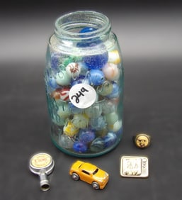 Vintage Marbles, Barclay Toy Car, Gene Autry Ring, Roy Rogers TV Pin, Caldwell Service Coin