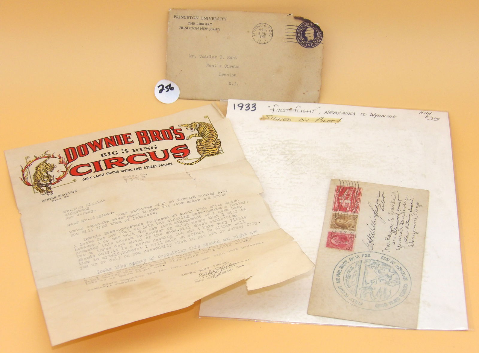 Circus Letters (Hunt's & Downie Bros) and "First Flight" Air Mail signed by Pilot (1 of 5)