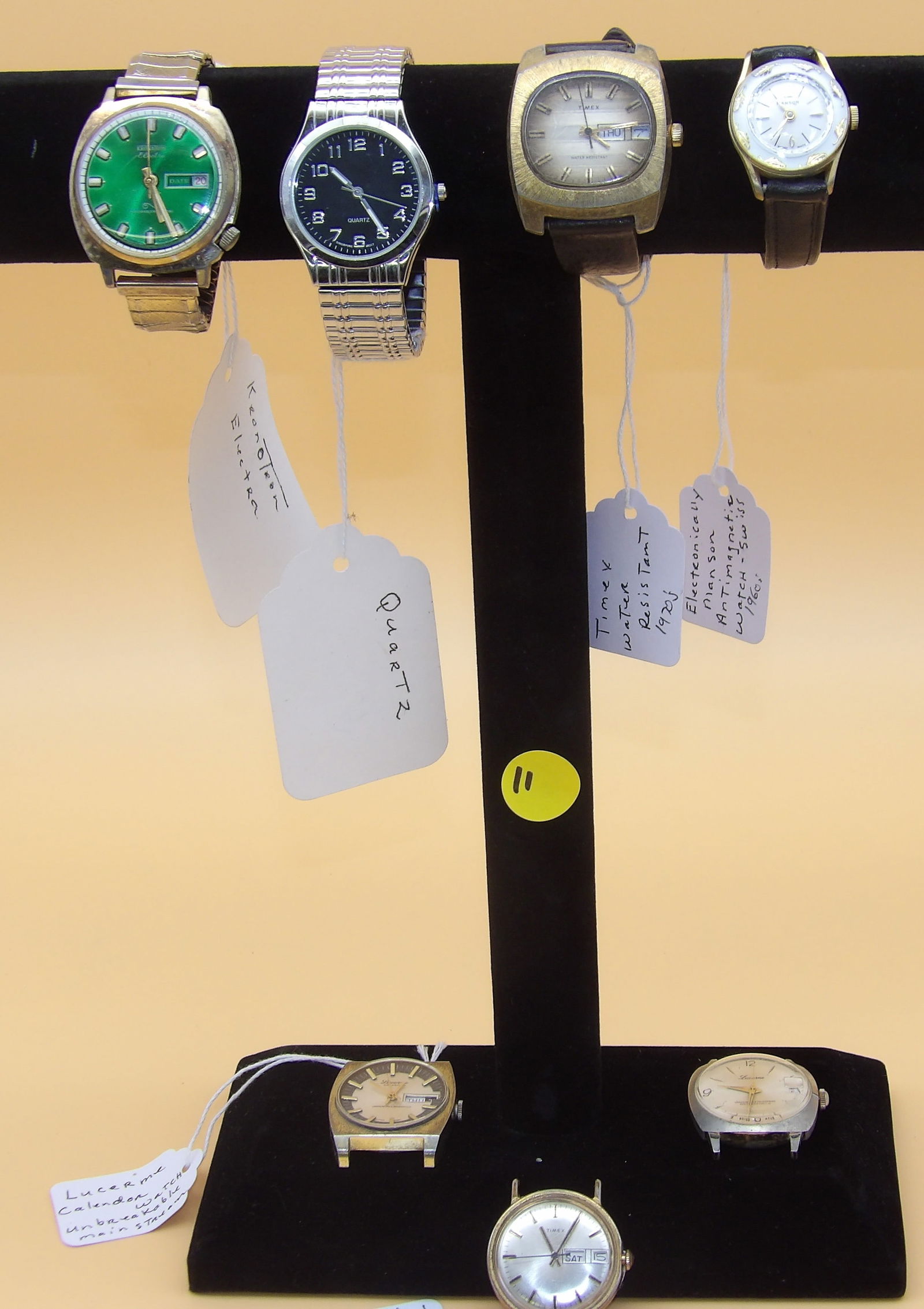 Watch Lot (7 pcs): This 7 piece watch lot includes Timex, Manson, Kronatron, Lucerne, and more. 20th Century. Measures ____