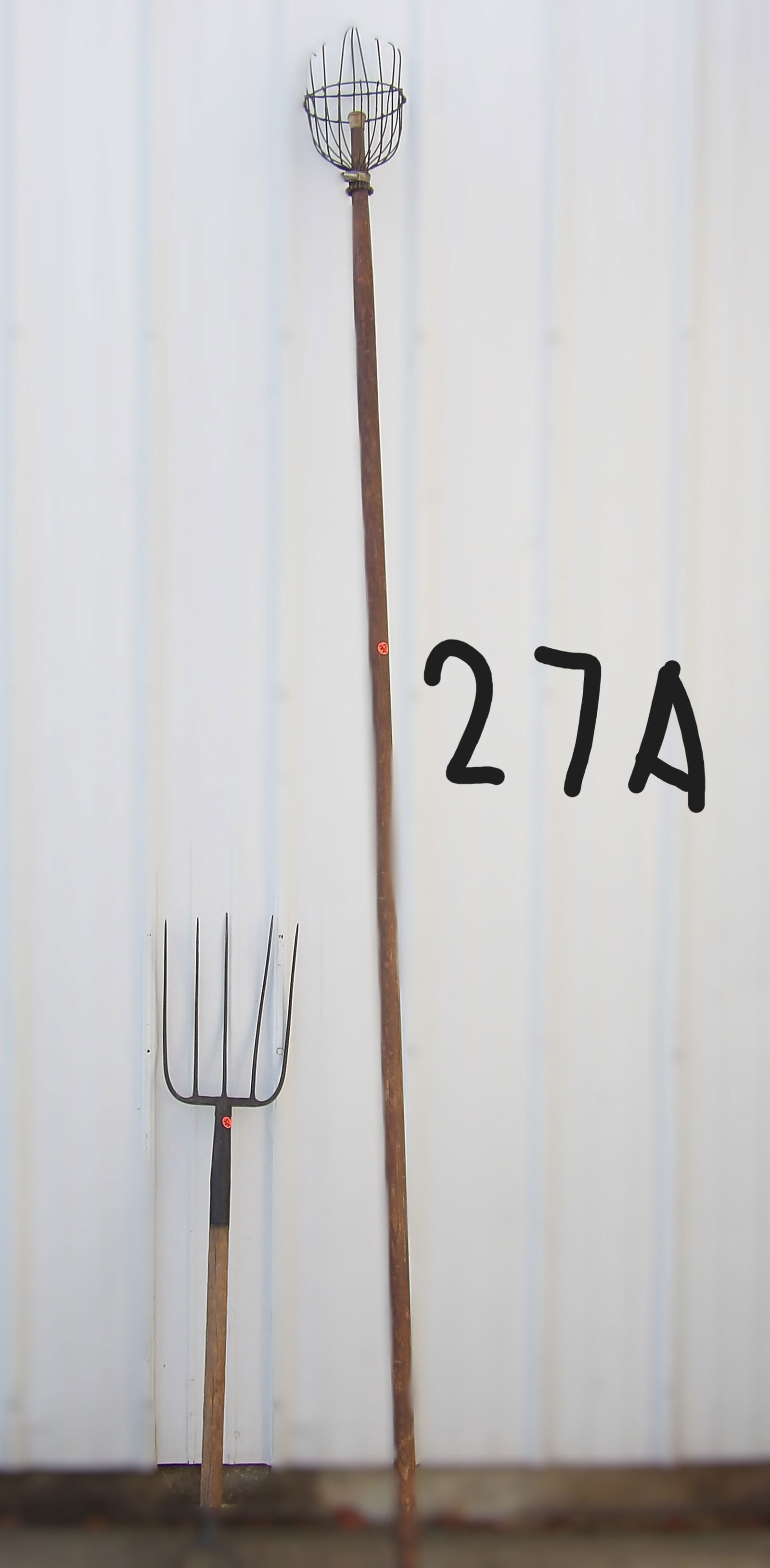Antique Fruit Picker & Pitchfork: This pair of antique farm tools includes a wooden handled fruit picker (101") and a pitchfork (45"). NO SHIPPING ON THIS ITEM.